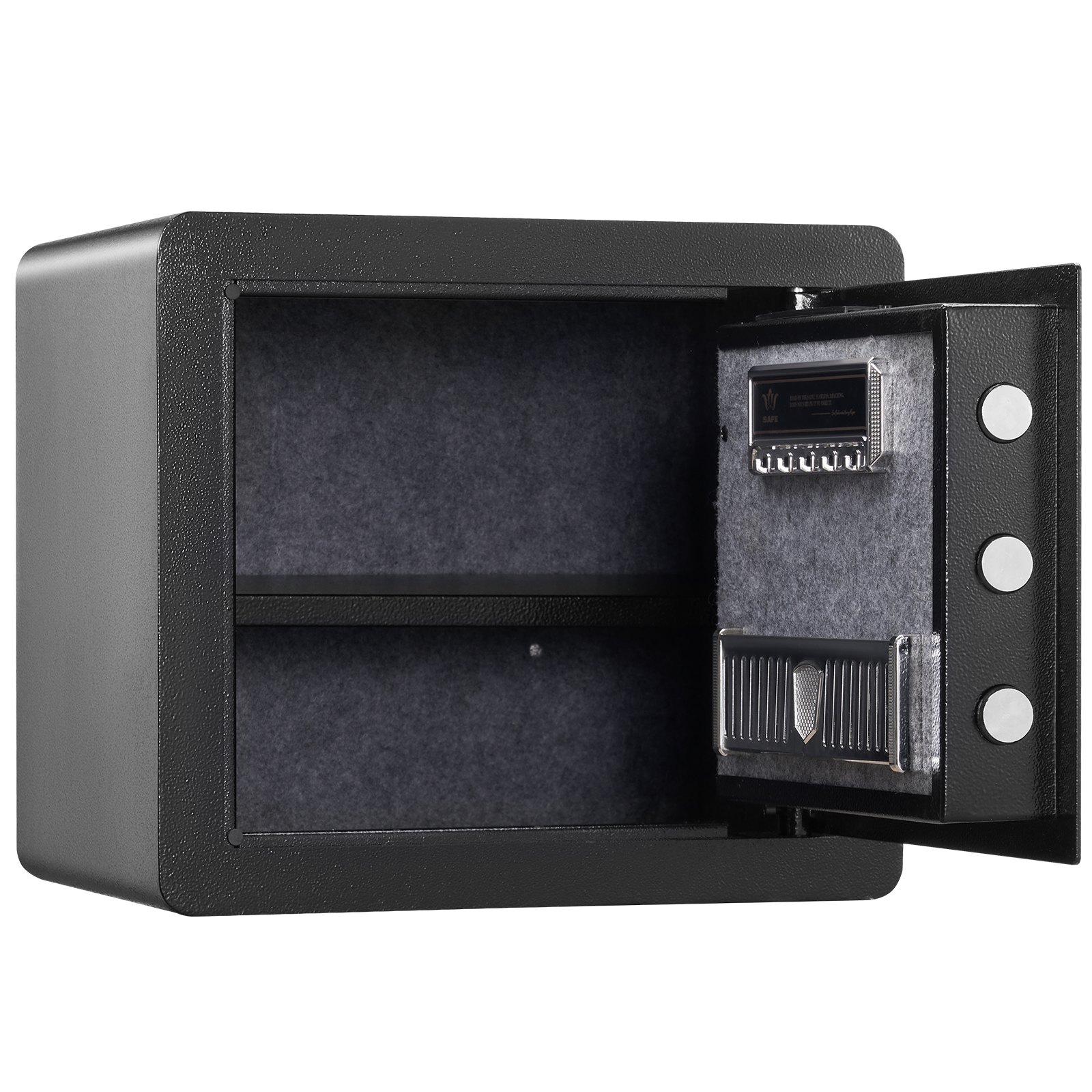 Caja fuerte para el hogar VEVOR negra con puerta abierta, estantes interiores y mecanismo de bloqueo seguro.