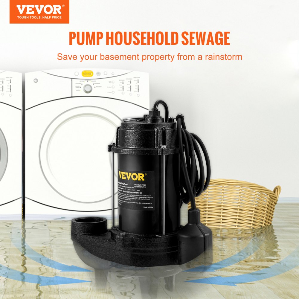 VEVOR Bomba sumergible para aguas residuales, 3/4 HP, 5880 GPH, 1050 W, hierro fundido duradero, incluye salida de 2" e interruptor de flotador de 10 pies, probado por UL para seguridad, ideal para tanques sépticos, sótanos