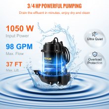 VEVOR Bomba de agua sumergible para aguas residuales 3/4 HP 5880GPH Hierro fundido con flotador