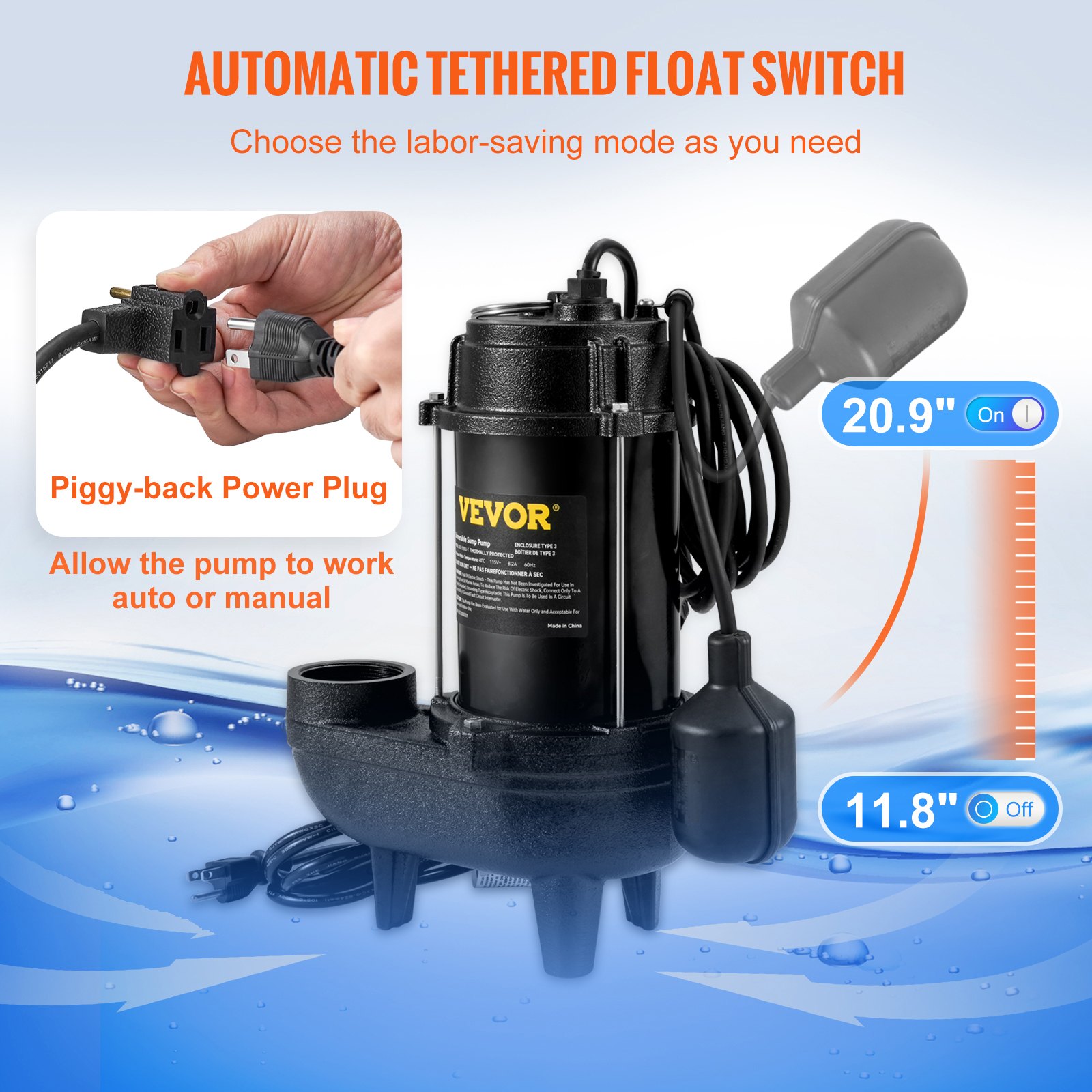 VEVOR Bomba sumergible para aguas residuales, 3/4 HP, 5880 GPH, 1050 W, hierro fundido duradero, incluye salida de 2" e interruptor de flotador de 10 pies, probado por UL para seguridad, ideal para tanques sépticos, sótanos