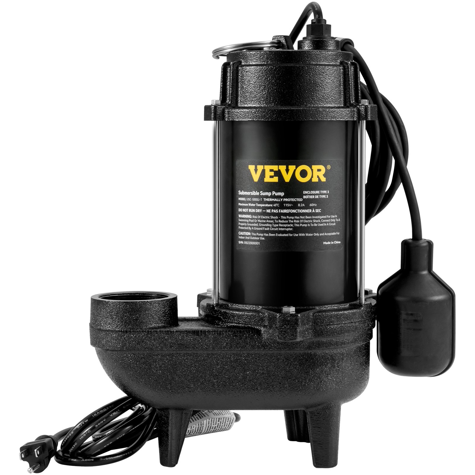 VEVOR Bomba sumergible para aguas residuales, 3/4 HP, 5880 GPH, 1050 W, hierro fundido duradero, incluye salida de 2" e interruptor de flotador de 10 pies, probado por UL para seguridad, ideal para tanques sépticos, sótanos