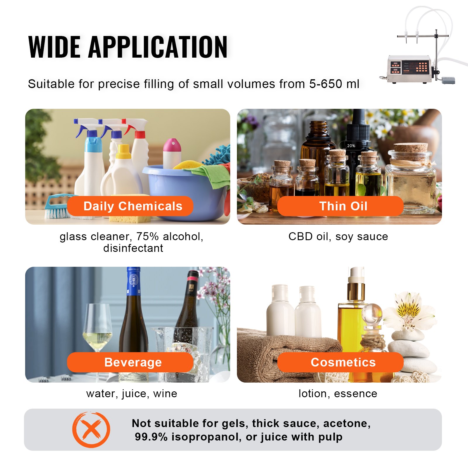 Llenadora de líquidos VEVOR, capacidad de llenado de 5-650 ml, llenadora automática de botellas, embotelladora con bomba peristáltica y control digital para leche, agua, vino, bebidas y salsa de soja (doble boquilla).