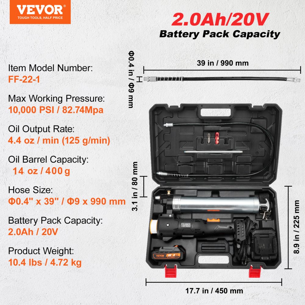Pistola engrasadora inalámbrica VEVOR, 20 voltios, 10 000 PSI, manguera de 99 cm, kit de pistola engrasadora eléctrica profesional de alta presión a batería con estuche de transporte, batería y cargador incluidos, color negro