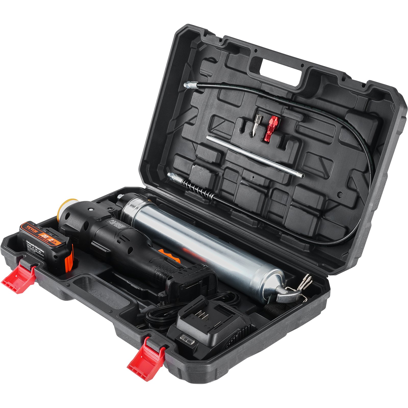 Pistola engrasadora inalámbrica VEVOR, 20 voltios, 10 000 PSI, manguera de 99 cm, kit de pistola engrasadora eléctrica profesional de alta presión a batería con estuche de transporte, batería y cargador incluidos, color negro
