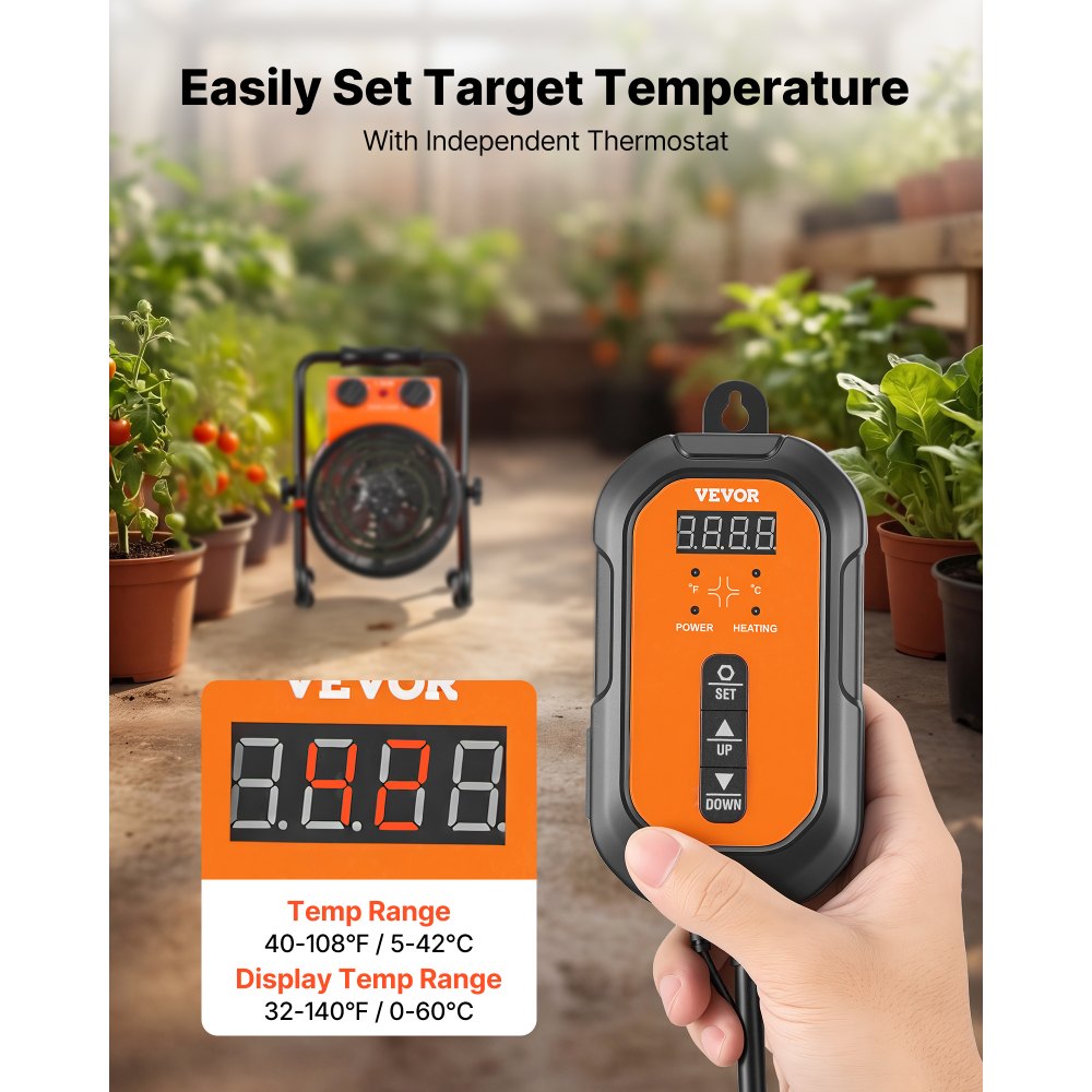 Calefactor para invernadero VEVOR, calefactor eléctrico de 1500 W con termostato, elemento calefactor tubular, ángulo ajustable de 25°, protección IPX4 y contra sobrecalentamiento, ideal para carpas de cultivo, invernaderos, salas de flores y oficinas en casa.