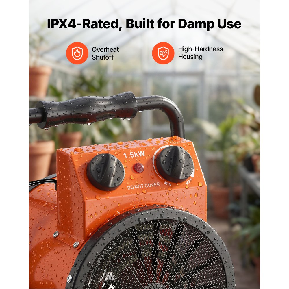 Calefactor para invernadero VEVOR, calefactor eléctrico de 1500 W con termostato, elemento calefactor tubular, ángulo ajustable de 25°, protección IPX4 y contra sobrecalentamiento, ideal para carpas de cultivo, invernaderos, salas de flores y oficinas en casa.
