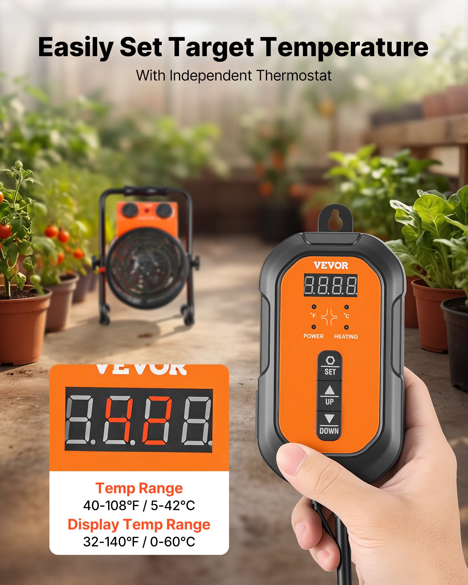 Calefactor para invernadero VEVOR, calefactor eléctrico de 1500 W con termostato, elemento calefactor tubular, ángulo ajustable de 25°, protección IPX4 y contra sobrecalentamiento, ideal para carpas de cultivo, invernaderos, salas de flores y oficinas en casa.