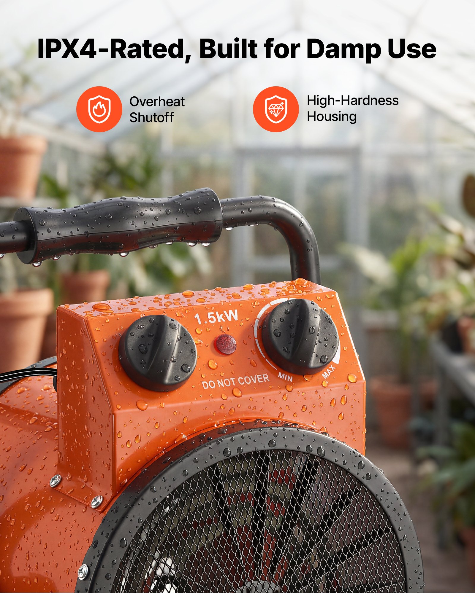 Calefactor para invernadero VEVOR, calefactor eléctrico de 1500 W con termostato, elemento calefactor tubular, ángulo ajustable de 25°, protección IPX4 y contra sobrecalentamiento, ideal para carpas de cultivo, invernaderos, salas de flores y oficinas en casa.