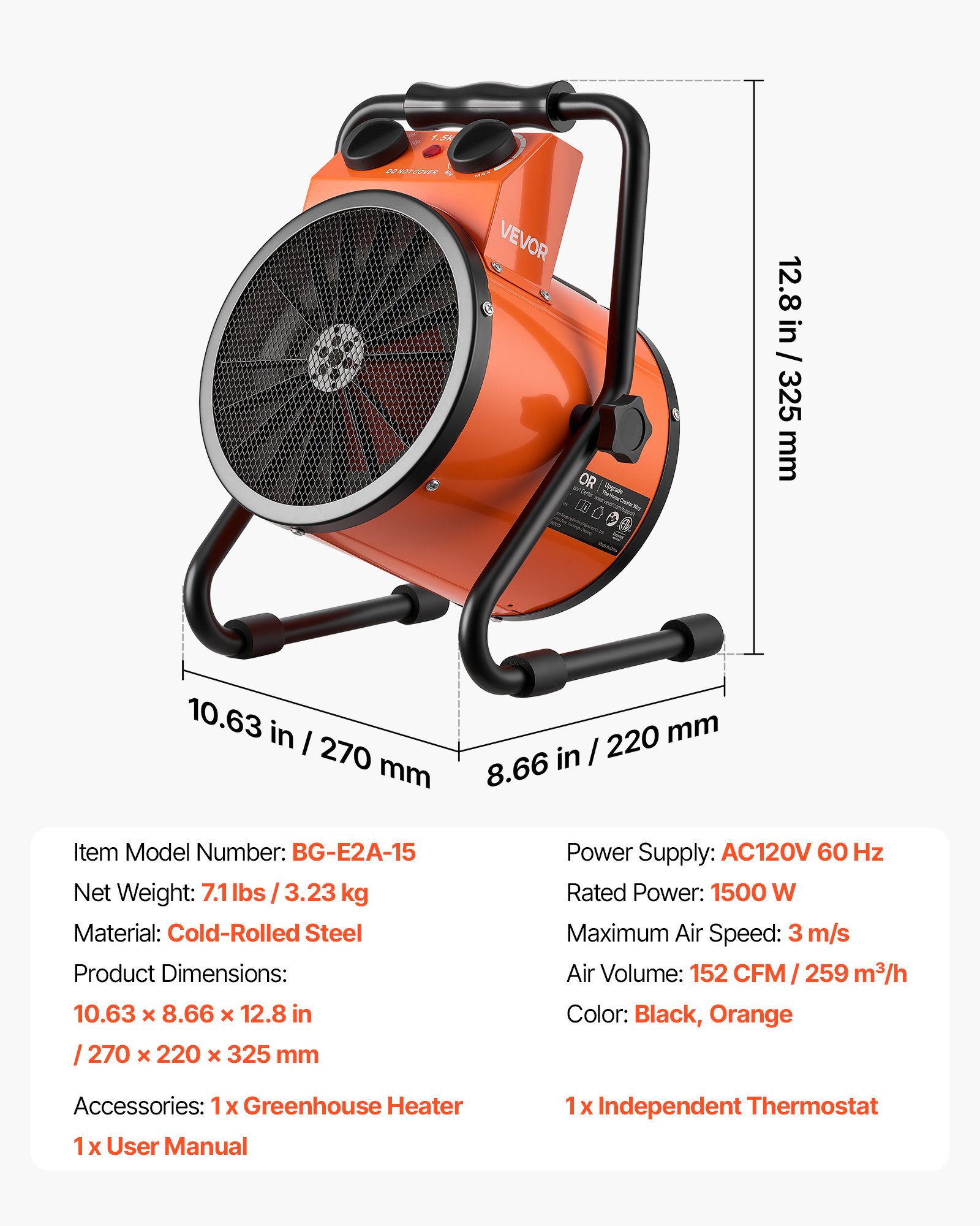 Calefactor para invernadero VEVOR, calefactor eléctrico de 1500 W con termostato, elemento calefactor tubular, ángulo ajustable de 25°, protección IPX4 y contra sobrecalentamiento, ideal para carpas de cultivo, invernaderos, salas de flores y oficinas en casa.