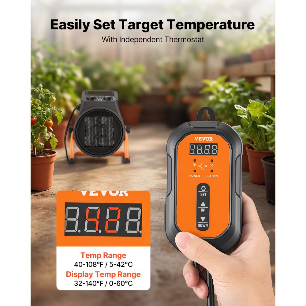 Calefactor para invernadero VEVOR, calefactor eléctrico PTC de 1500 W con termostato, ventilador, modos de calor bajo y alto, ángulo ajustable de 15°, protección contra sobrecalentamiento, para carpa de cultivo, invernadero, sala de flores, oficina en casa