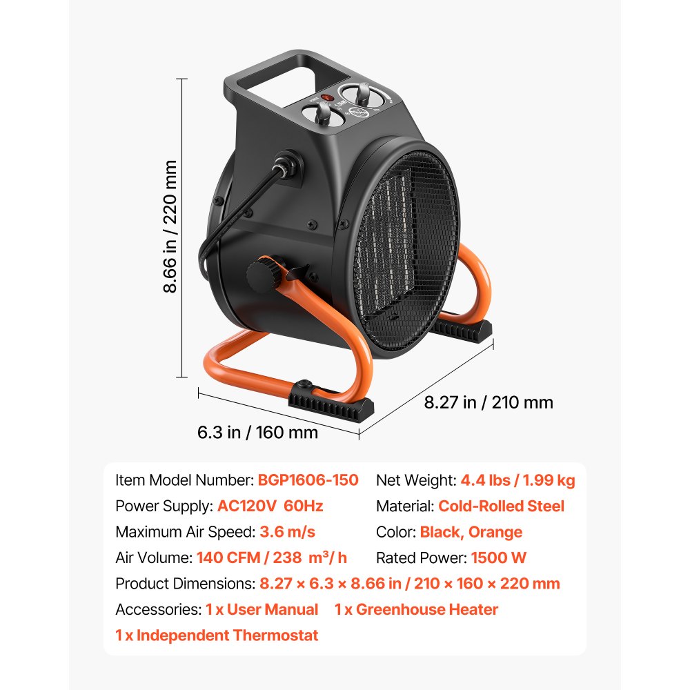 Calefactor para invernadero VEVOR, calefactor eléctrico PTC de 1500 W con termostato, ventilador, modos de calor bajo y alto, ángulo ajustable de 15°, protección contra sobrecalentamiento, para carpa de cultivo, invernadero, sala de flores, oficina en casa