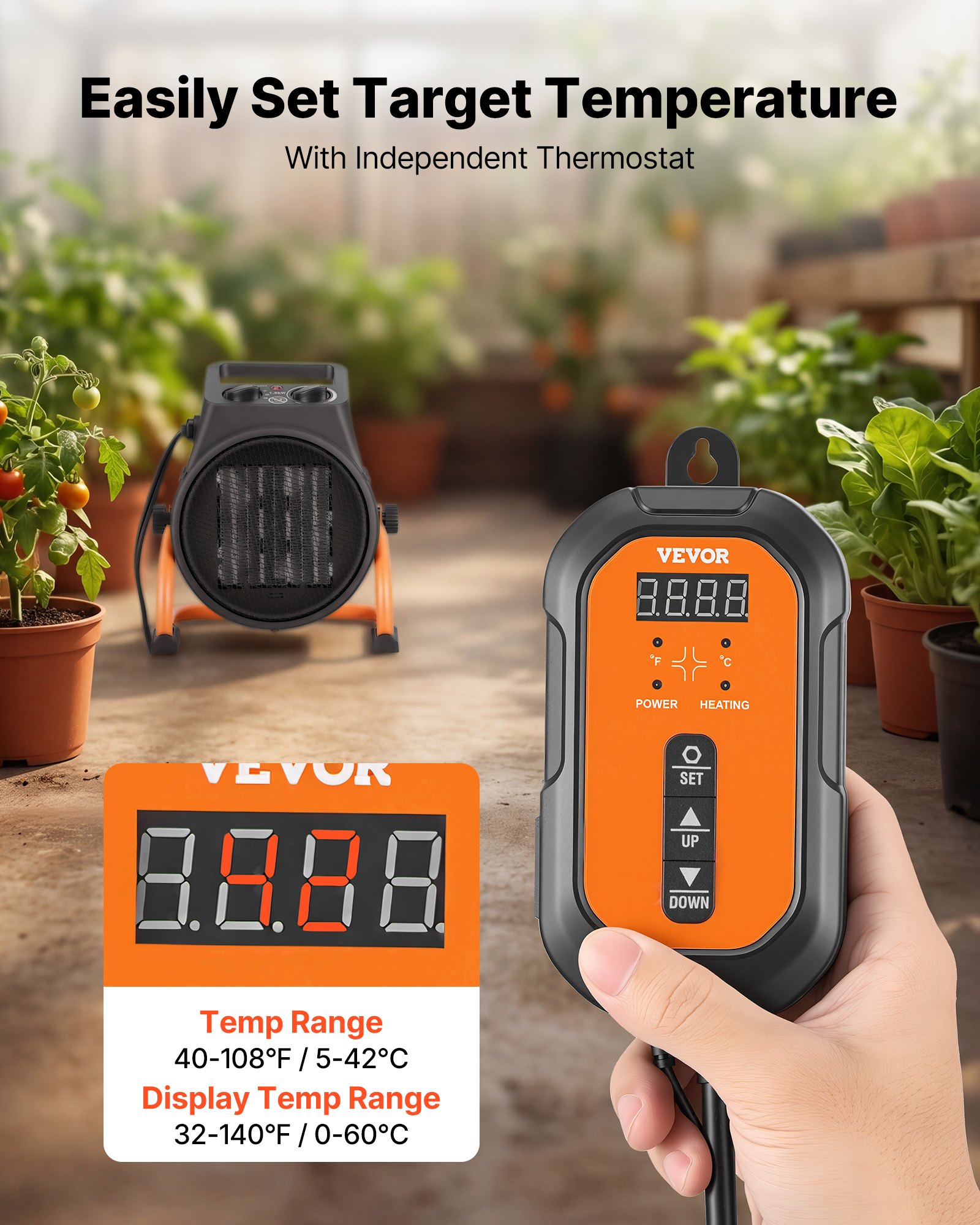 Calefactor para invernadero VEVOR, calefactor eléctrico PTC de 1500 W con termostato, ventilador, modos de calor bajo y alto, ángulo ajustable de 15°, protección contra sobrecalentamiento, para carpa de cultivo, invernadero, sala de flores, oficina en casa