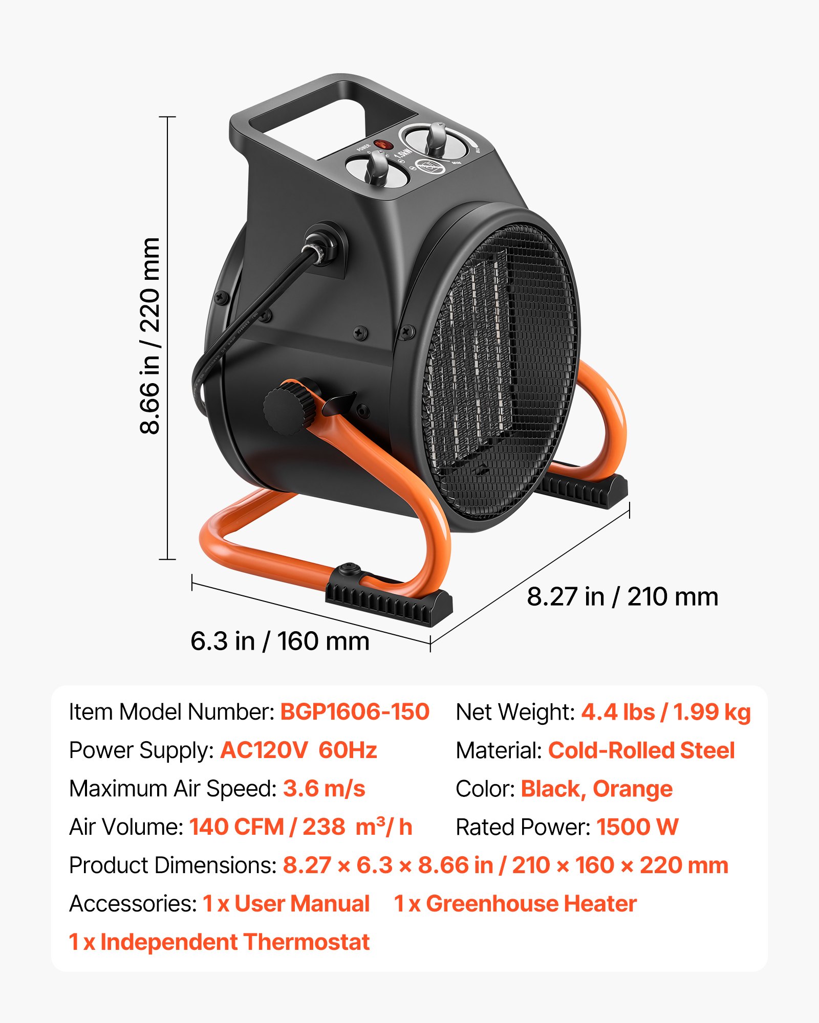 Calefactor para invernadero VEVOR, calefactor eléctrico PTC de 1500 W con termostato, ventilador, modos de calor bajo y alto, ángulo ajustable de 15°, protección contra sobrecalentamiento, para carpa de cultivo, invernadero, sala de flores, oficina en casa