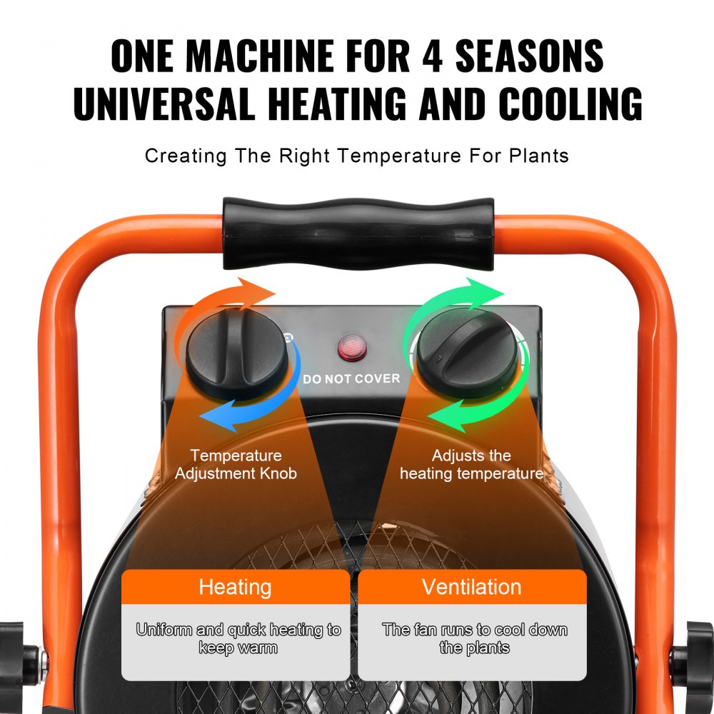 Calentador de invernadero VEVOR con termostato, 1500 W de calentamiento rápido con protección contra sobrecalentamiento, 2 velocidades para armario de cultivo pequeño, ventilador calefactor eléctrico portátil para invernadero, sala de flores y lugar de trabajo.