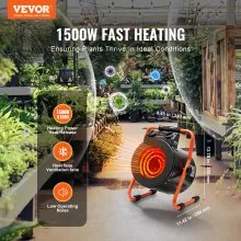 Calentador de invernadero VEVOR con termostato, 1500 W de calentamiento rápido con protección contra sobrecalentamiento, 2 velocidades para armario de cultivo pequeño, ventilador calefactor eléctrico portátil para invernadero, sala de flores y lugar de trabajo.