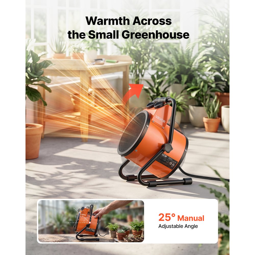 Calefactor para invernadero VEVOR, calefactor eléctrico de 1500 W con ventilador y modos de alta potencia, protección IPX4, ángulo ajustable de 25°, protección contra sobrecalentamiento, para carpas de cultivo, invernaderos pequeños, salas de flores, oficinas en casa