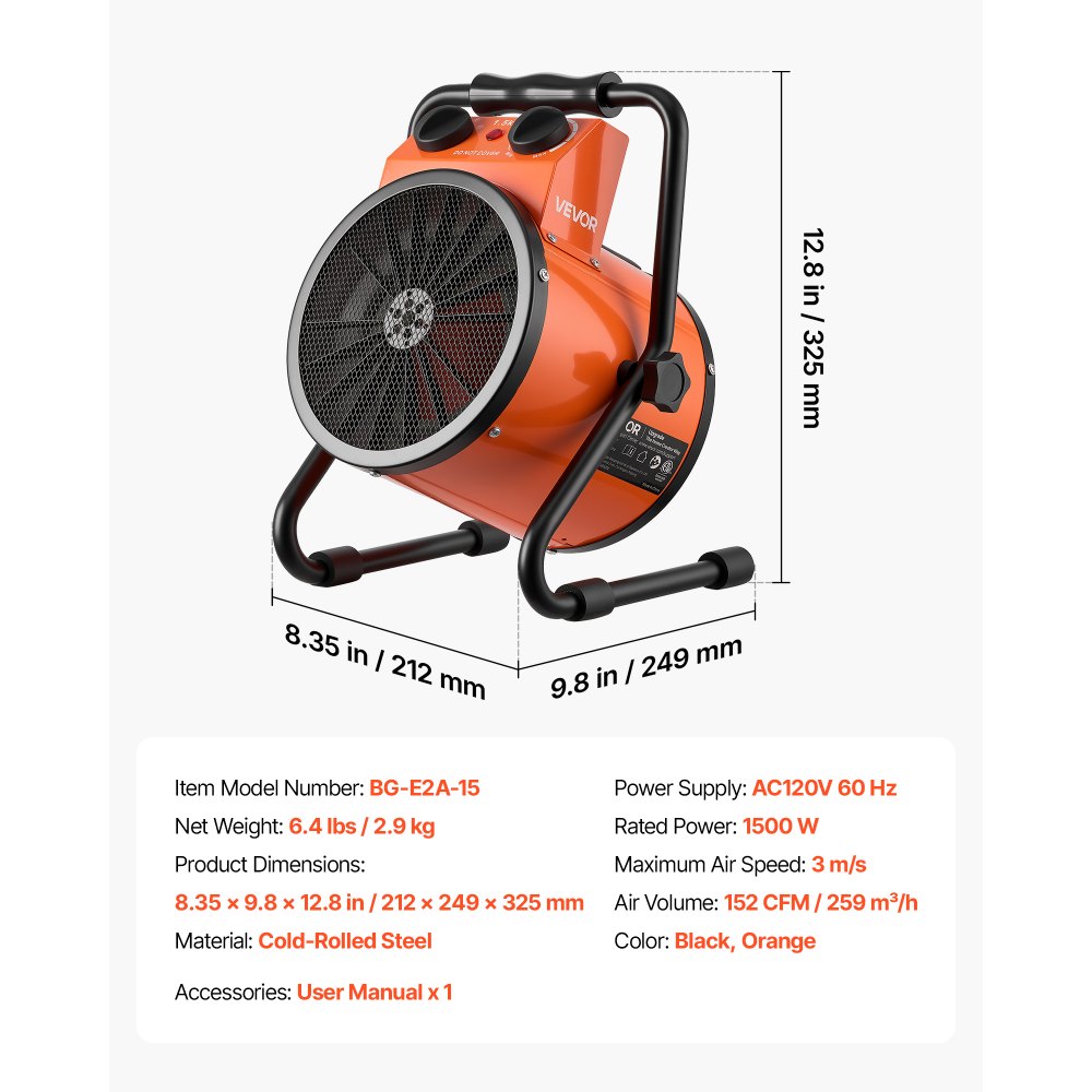 Calefactor para invernadero VEVOR, calefactor eléctrico de 1500 W con ventilador y modos de alta potencia, protección IPX4, ángulo ajustable de 25°, protección contra sobrecalentamiento, para carpas de cultivo, invernaderos pequeños, salas de flores, oficinas en casa
