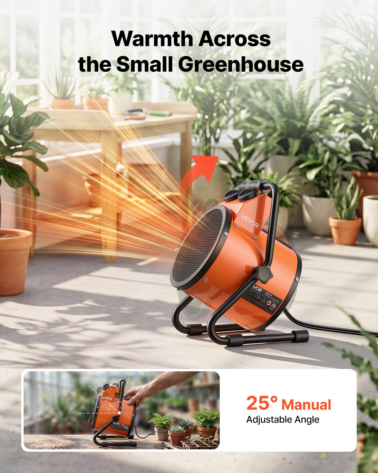 Calefactor para invernadero VEVOR, calefactor eléctrico de 1500 W con ventilador y modos de alta potencia, protección IPX4, ángulo ajustable de 25°, protección contra sobrecalentamiento, para carpas de cultivo, invernaderos pequeños, salas de flores, oficinas en casa