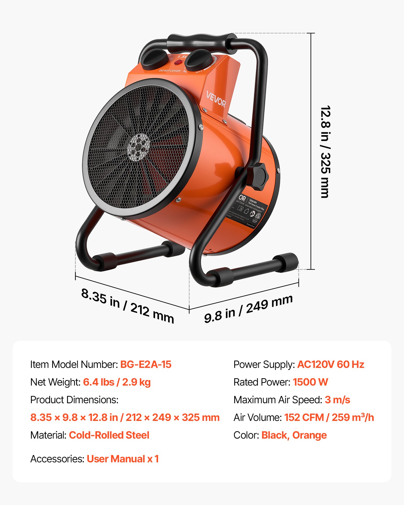 Calefactor para invernadero VEVOR, calefactor eléctrico de 1500 W con ventilador y modos de alta potencia, protección IPX4, ángulo ajustable de 25°, protección contra sobrecalentamiento, para carpas de cultivo, invernaderos pequeños, salas de flores, oficinas en casa