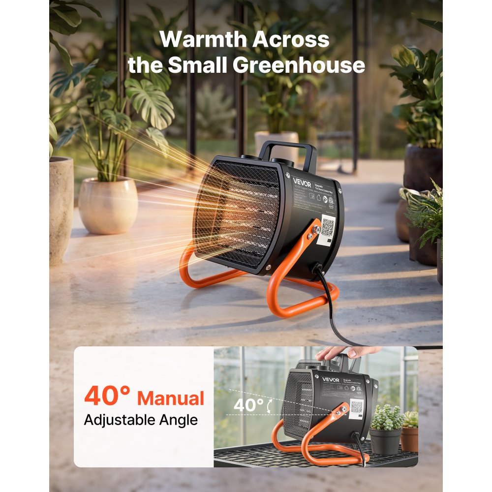 Calefactor para invernadero VEVOR, calefactor eléctrico PTC de 1500 W con ventilador, modos de calor bajo y alto, ángulo ajustable de 40°, protección contra sobrecalentamiento, portátil para carpas de cultivo, invernaderos pequeños, salas de flores, oficinas en casa