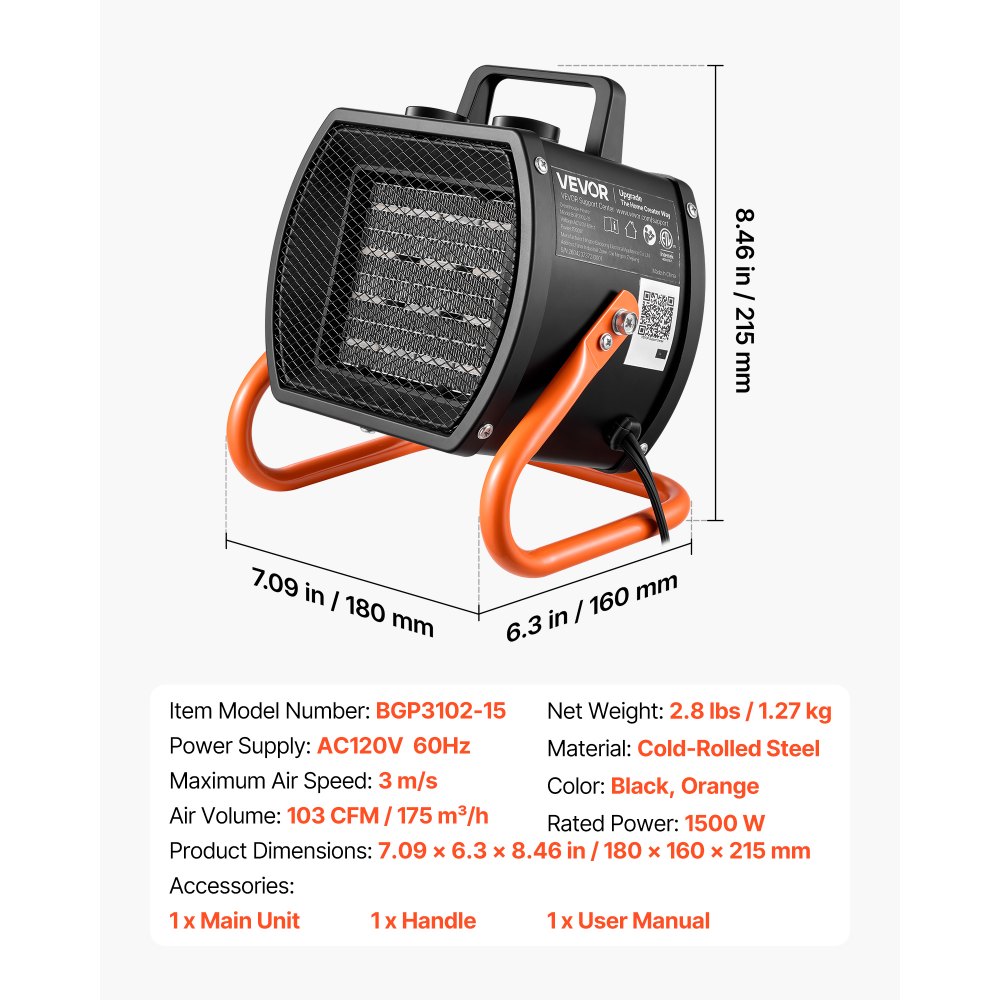Calefactor para invernadero VEVOR, calefactor eléctrico PTC de 1500 W con ventilador, modos de calor bajo y alto, ángulo ajustable de 40°, protección contra sobrecalentamiento, portátil para carpas de cultivo, invernaderos pequeños, salas de flores, oficinas en casa