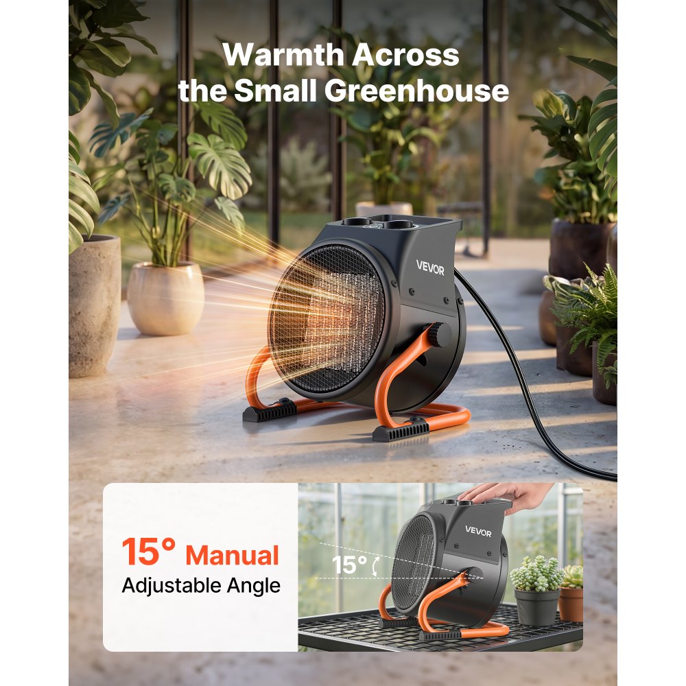 Calefactor para invernadero VEVOR, calefactor eléctrico PTC de 1500 W con ventilador, modos de calor bajo y alto, ángulo ajustable de 15°, protección contra sobrecalentamiento, portátil para carpas de cultivo, invernaderos pequeños, salas de flores, oficinas en casa