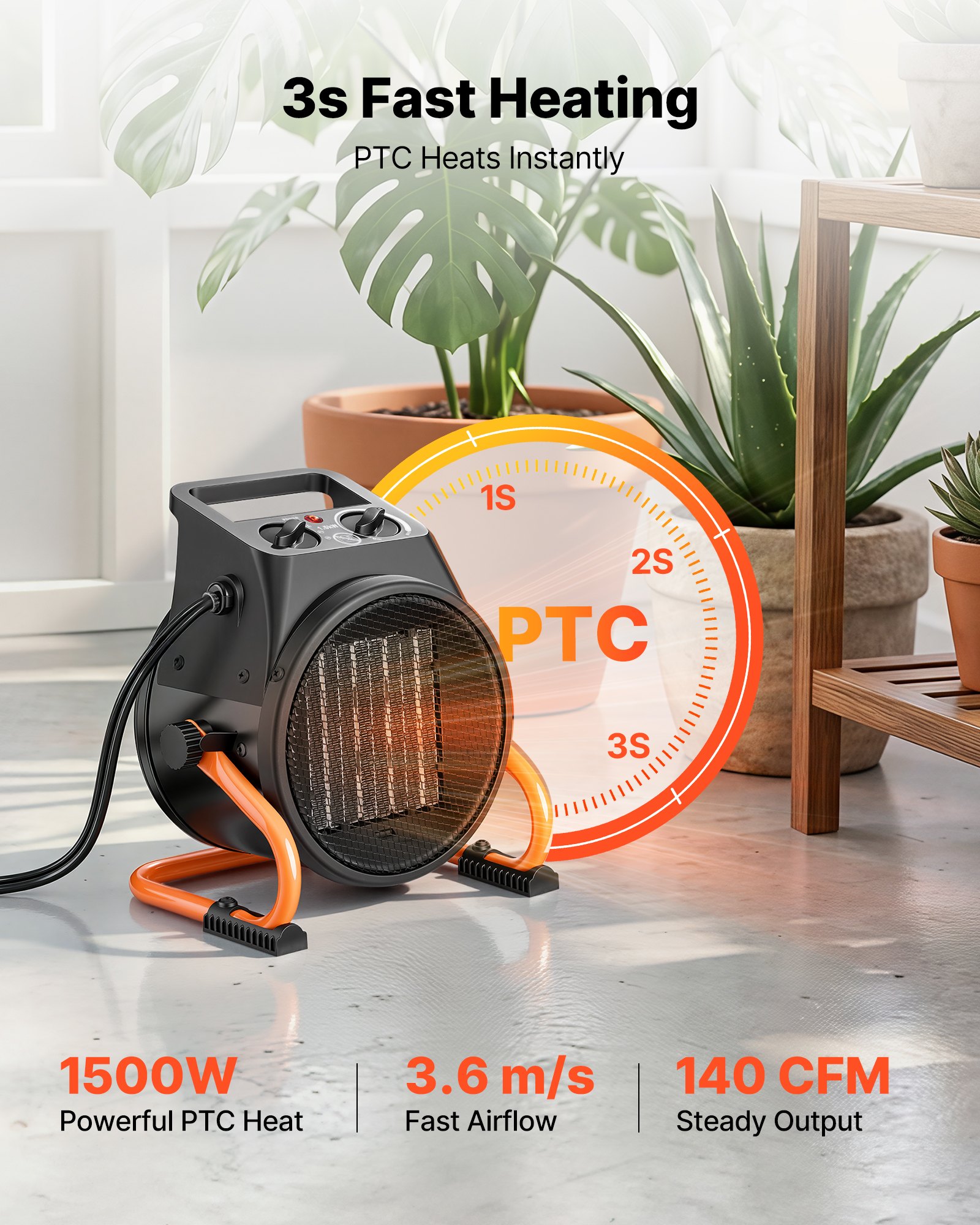Calefactor para invernadero VEVOR, calefactor eléctrico PTC de 1500 W con ventilador, modos de calor bajo y alto, ángulo ajustable de 15°, protección contra sobrecalentamiento, portátil para carpas de cultivo, invernaderos pequeños, salas de flores, oficinas en casa