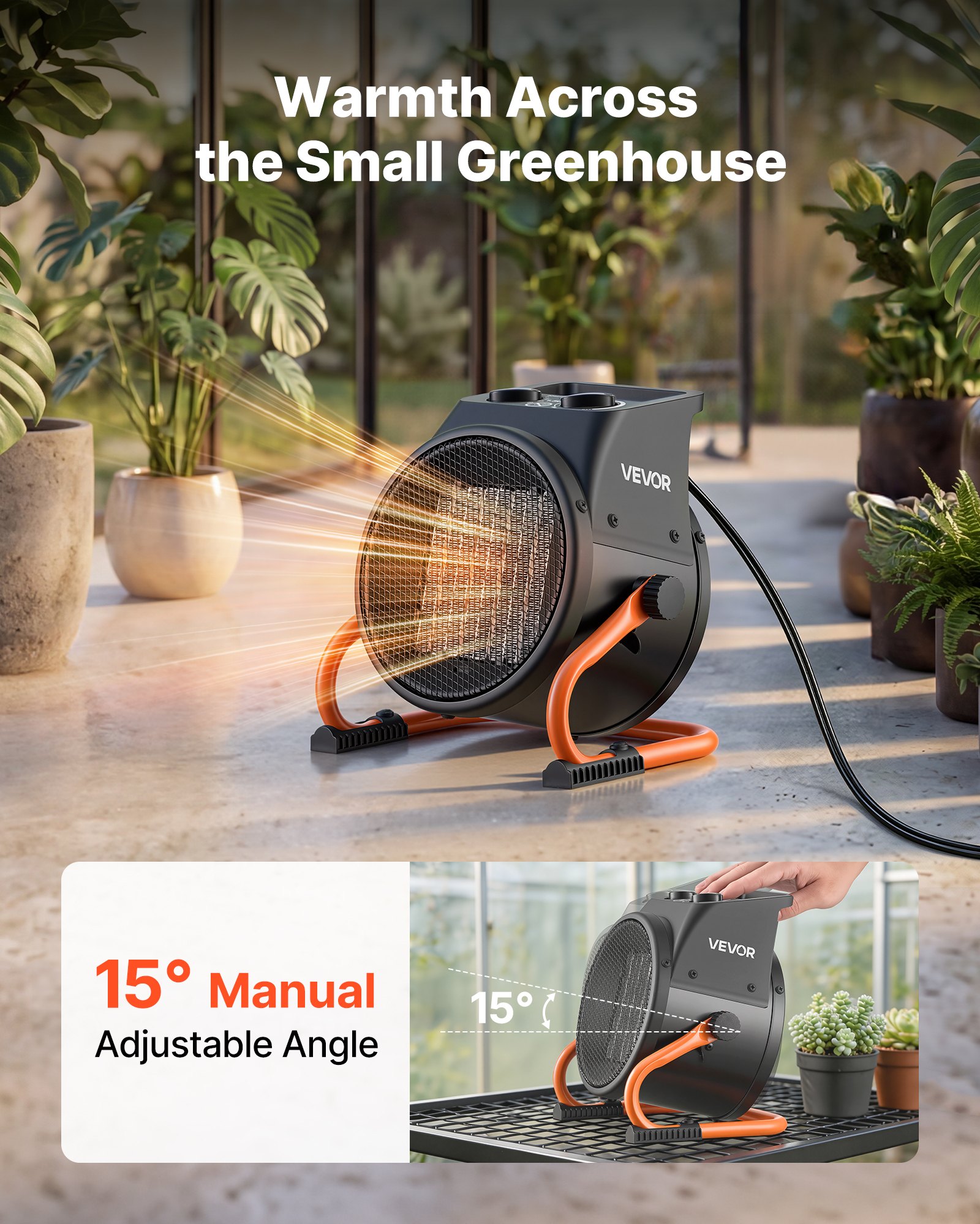 Calefactor para invernadero VEVOR, calefactor eléctrico PTC de 1500 W con ventilador, modos de calor bajo y alto, ángulo ajustable de 15°, protección contra sobrecalentamiento, portátil para carpas de cultivo, invernaderos pequeños, salas de flores, oficinas en casa