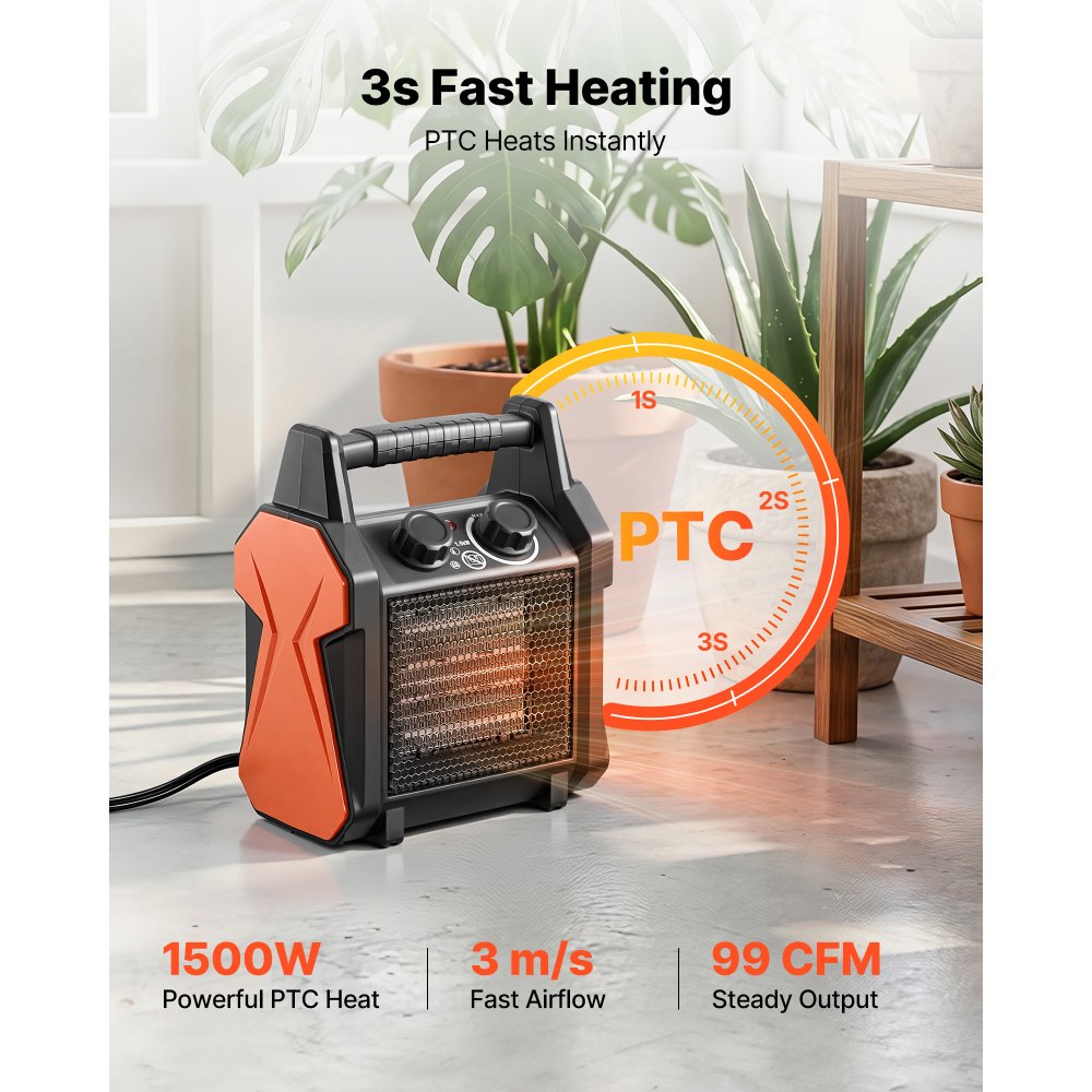 Calefactor para invernadero VEVOR, calefactor eléctrico PTC de 1500 W con ventilador, modos de calor bajo y alto, protección contra sobrecalentamiento, apagado automático en caso de vuelco, portátil para carpas de cultivo, invernaderos pequeños, salas de flores, oficinas en casa