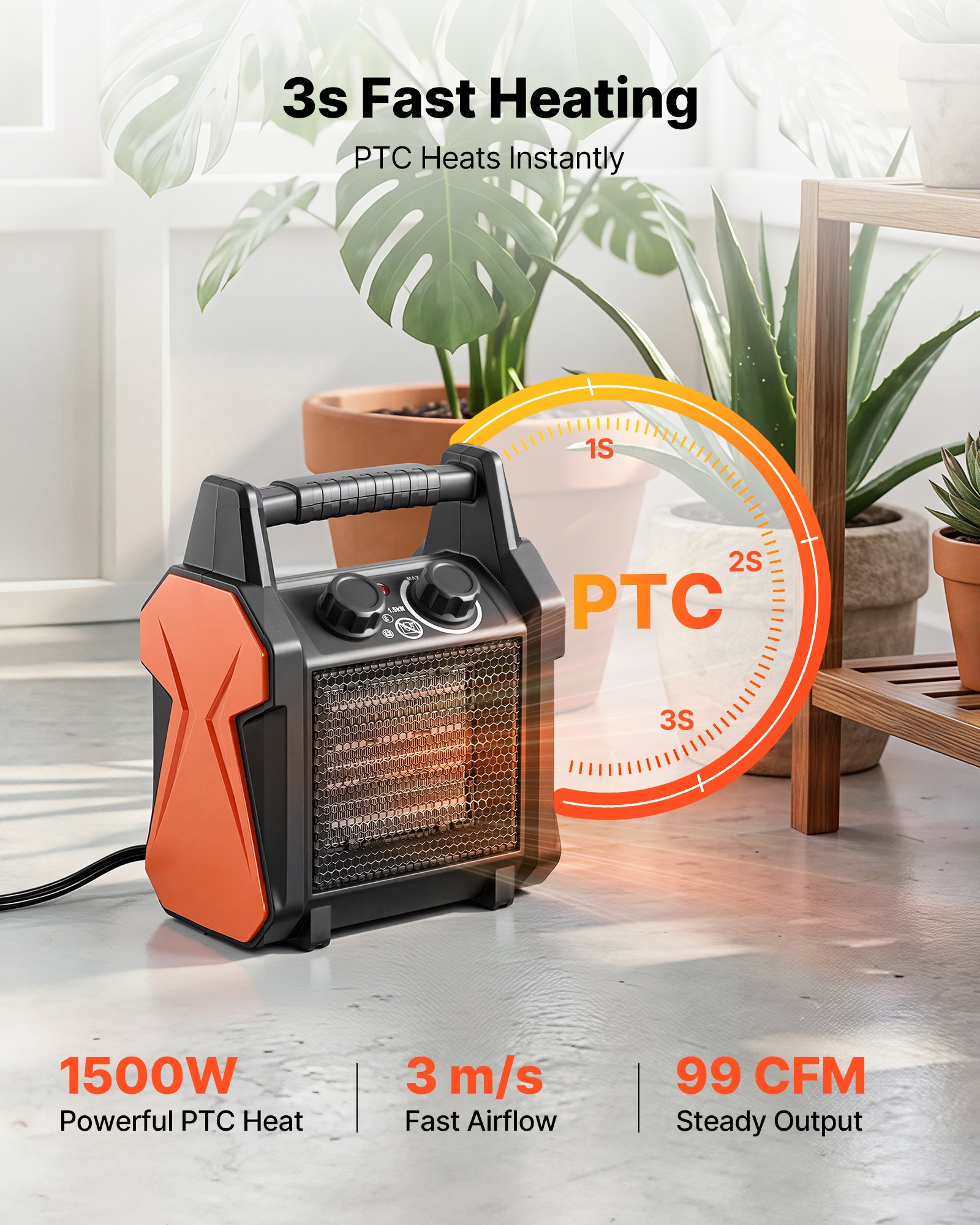 Calefactor para invernadero VEVOR, calefactor eléctrico PTC de 1500 W con ventilador, modos de calor bajo y alto, protección contra sobrecalentamiento, apagado automático en caso de vuelco, portátil para carpas de cultivo, invernaderos pequeños, salas de flores, oficinas en casa