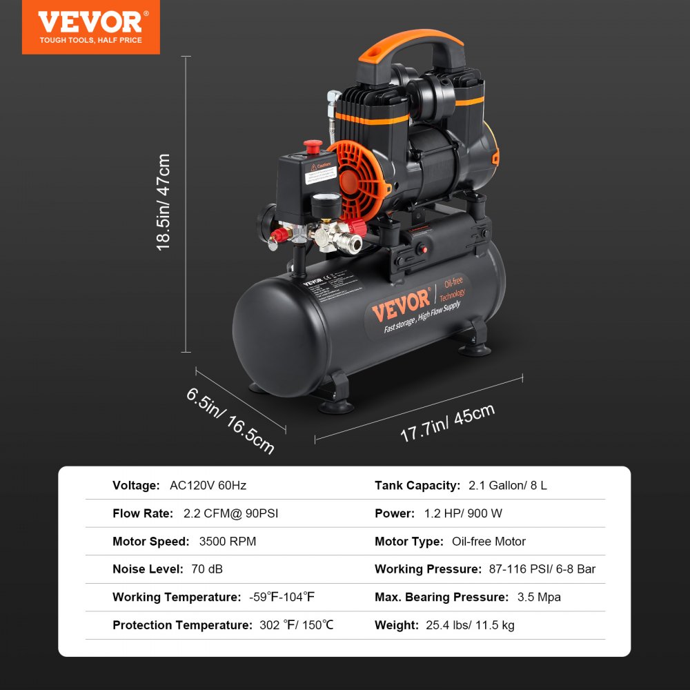 Compresor de aire VEVOR de 2.1 galones, 1.2 HP, 2.2 CFM a 90 PSI, con presión máxima de 116 PSI, tanque compresor sin aceite para reparación de automóviles, inflado de neumáticos, pintura en aerosol y clavado de carpintería.