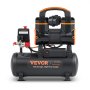 Compresor de aire ultra silencioso VEVOR, tecnología sin aceite, diseño negro y naranja, almacenamiento rápido, alto flujo.