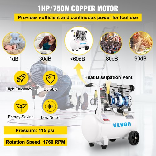 VEVOR Compresor de Aire Ultra Silencioso 25 L 750 W, Velocidad de 1760 RPM