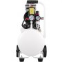 Compresor de aire VEVOR con manómetros y vista frontal del tanque blanco.