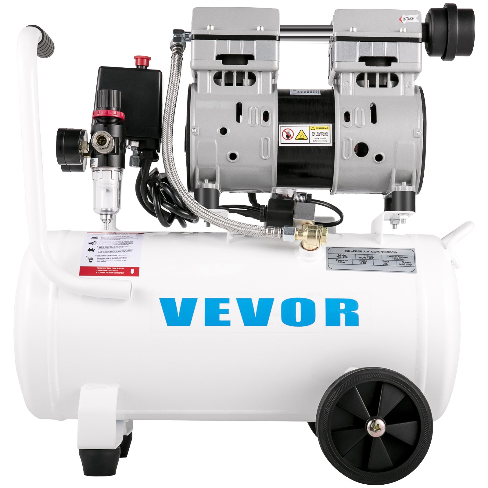 Compresor de aire VEVOR de 6.6 galones, compresor de aire portátil de 1 HP, compresor de aire sin aceite tanque de acero 750 W, compresor de aire tipo panqueque 115 PSI, compresor ultra silencioso para reparación del hogar, inflado de neumáticos