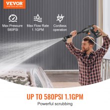 Hidrolavadora inalámbrica VEVOR, limpiadora portátil de alta presión de 580 PSI y 1,1 GPM, pistola para lavar autos con batería de 4,0 Ah, cargador, boquilla 6 en 1, para limpieza y riego de pisos y hogares