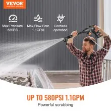 Hidrolavadora inalámbrica VEVOR, limpiadora portátil de alta presión de 580 PSI y 1,1 GPM, pistola para lavar autos con batería de 4,0 Ah, cargador, boquilla 6 en 1, para limpieza y riego de pisos y hogares