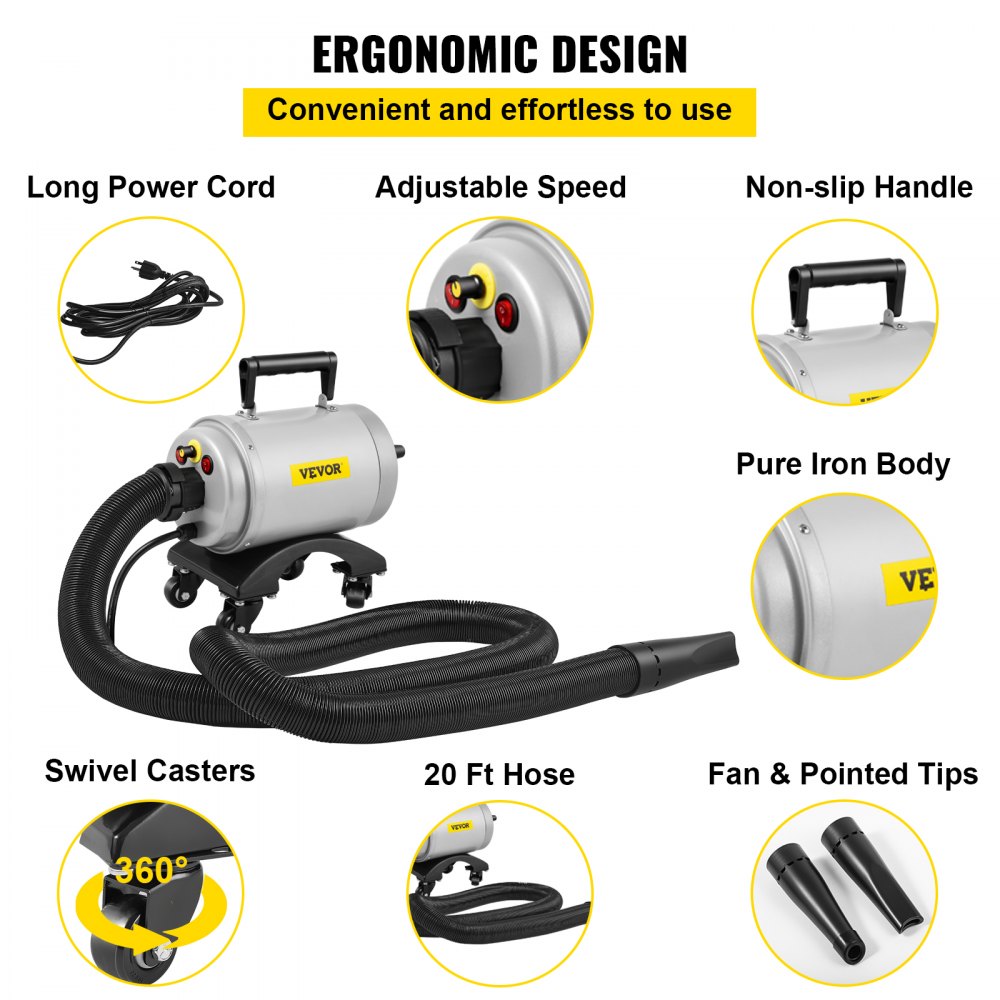 VEVOR Secador de aire para automóvil, soplador de aire para secador de automóvil de alta velocidad y temperatura de 5.0HP 180 CFM 110V 5-20P (20A) enchufe, con ruedas y manguera flexible de 20 pies y 2 boquillas de chorro de aire para máquina de secado de agua de lavado de automóvil