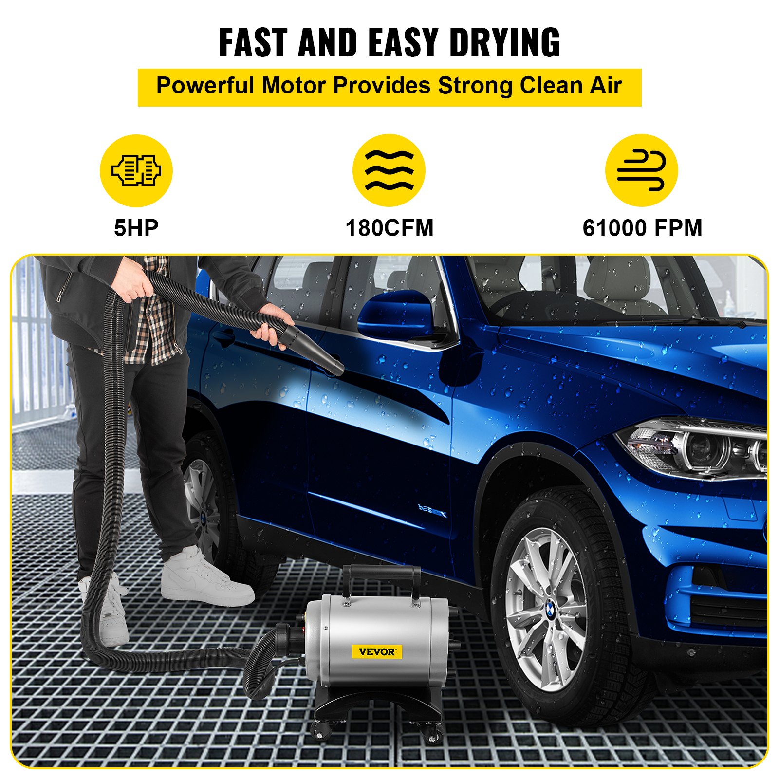 VEVOR Secador de aire para automóvil, soplador de aire para secador de automóvil de alta velocidad y temperatura de 5.0HP 180 CFM 110V 5-20P (20A) enchufe, con ruedas y manguera flexible de 20 pies y 2 boquillas de chorro de aire para máquina de secado de agua de lavado de automóvil