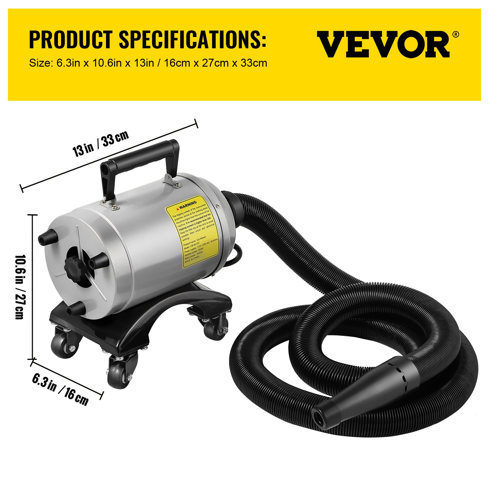 VEVOR Secador de aire para automóvil, soplador de aire para secador de automóvil de alta velocidad y temperatura de 5.0HP 180 CFM 110V 5-20P (20A) enchufe, con ruedas y manguera flexible de 20 pies y 2 boquillas de chorro de aire para máquina de secado de agua de lavado de automóvil