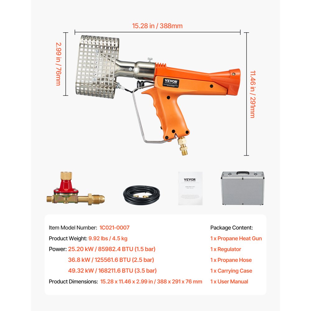 Pistola de calor de propano VEVOR, hasta 187660 BTU, con regulador ajustable, manguera de 26 pies y estuche rígido de transporte, ideal para envoltura retráctil de películas plásticas para barcos, embalaje de paletas y manualidades.