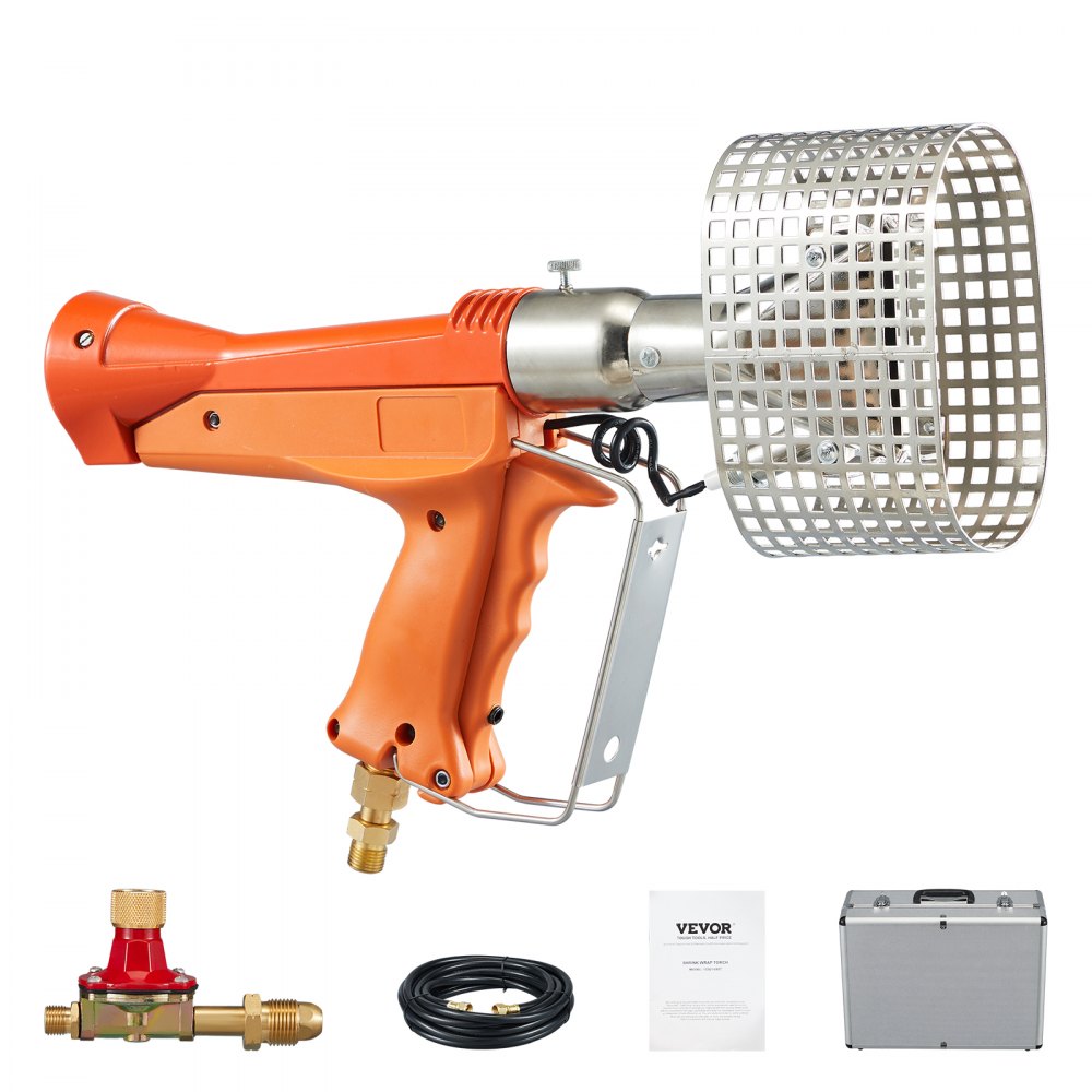 Pistola de calor de propano VEVOR, hasta 187660 BTU, con regulador ajustable, manguera de 26 pies y estuche rígido de transporte, ideal para envoltura retráctil de películas plásticas para barcos, embalaje de paletas y manualidades.
