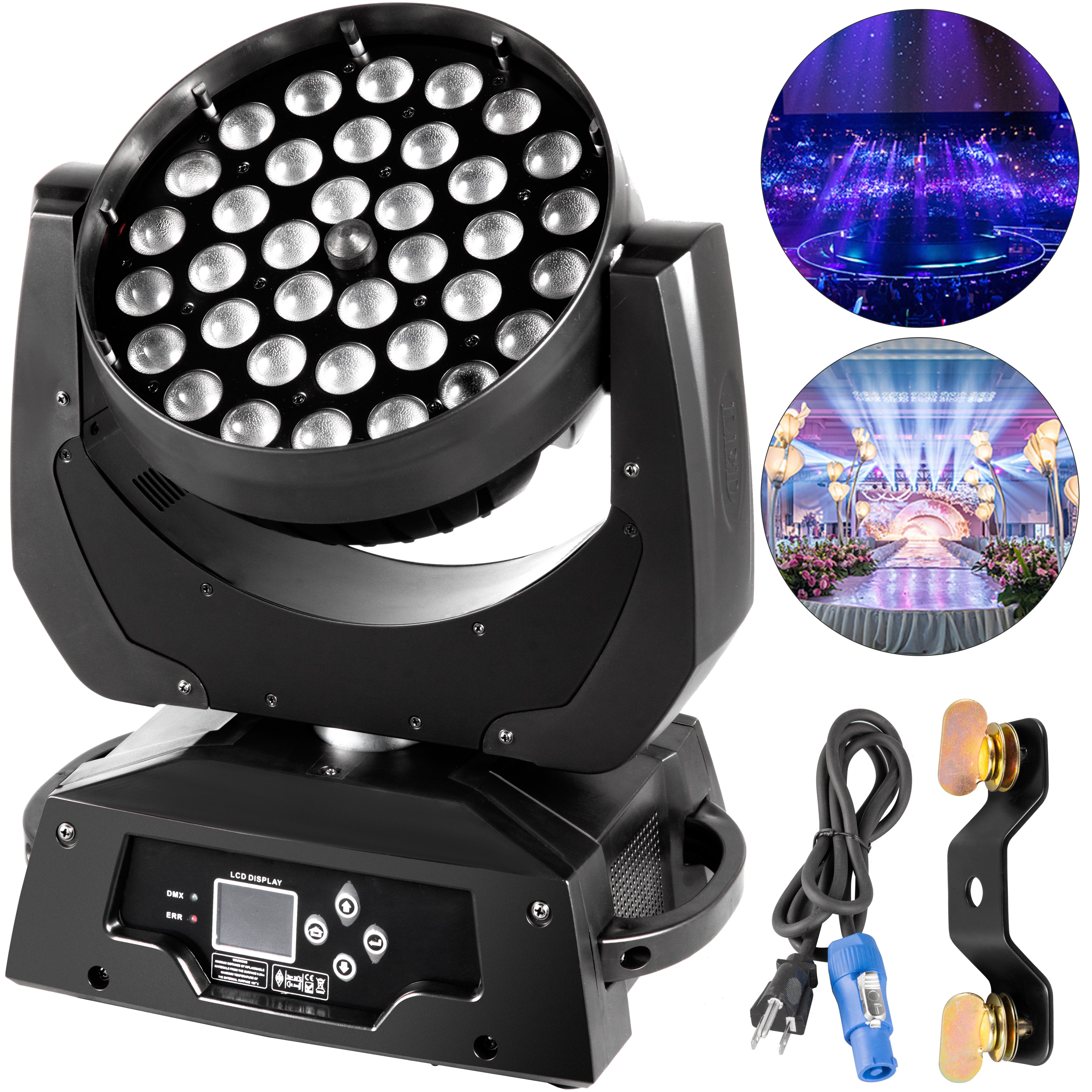 Luz de escenario LED VEVOR con pantallas multicolor, cable de alimentación y accesorios de montaje.