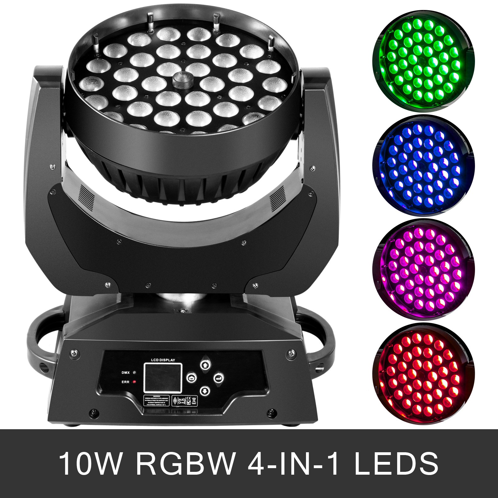 Luz de escenario LED VEVOR con LED RGBW 4 en 1 que muestran colores verde, azul, rosa y rojo.