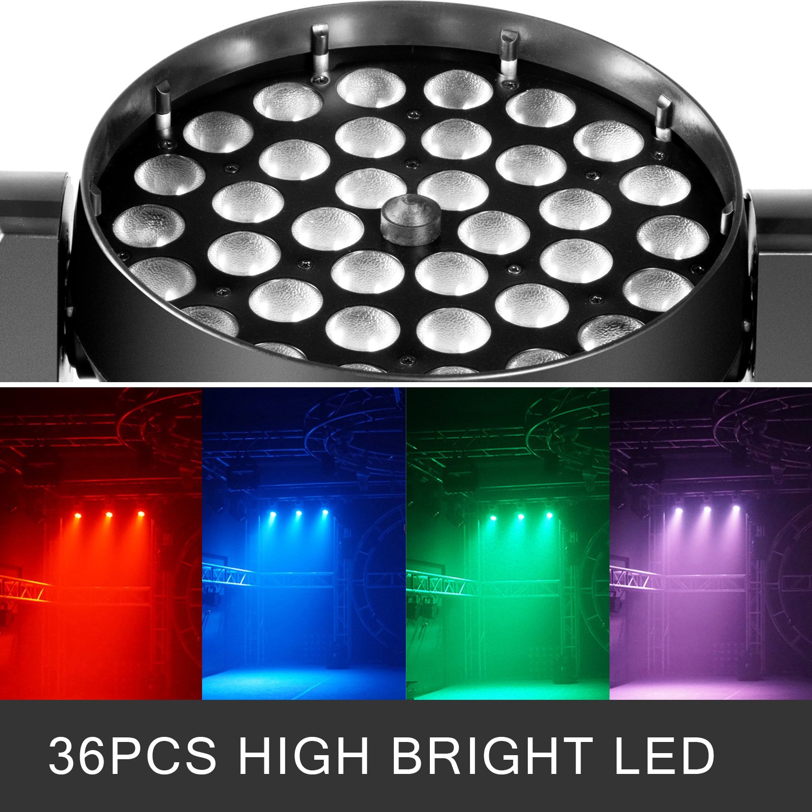 Luz de escenario LED VEVOR con 36 LED de alto brillo en rojo, azul, verde y morado.