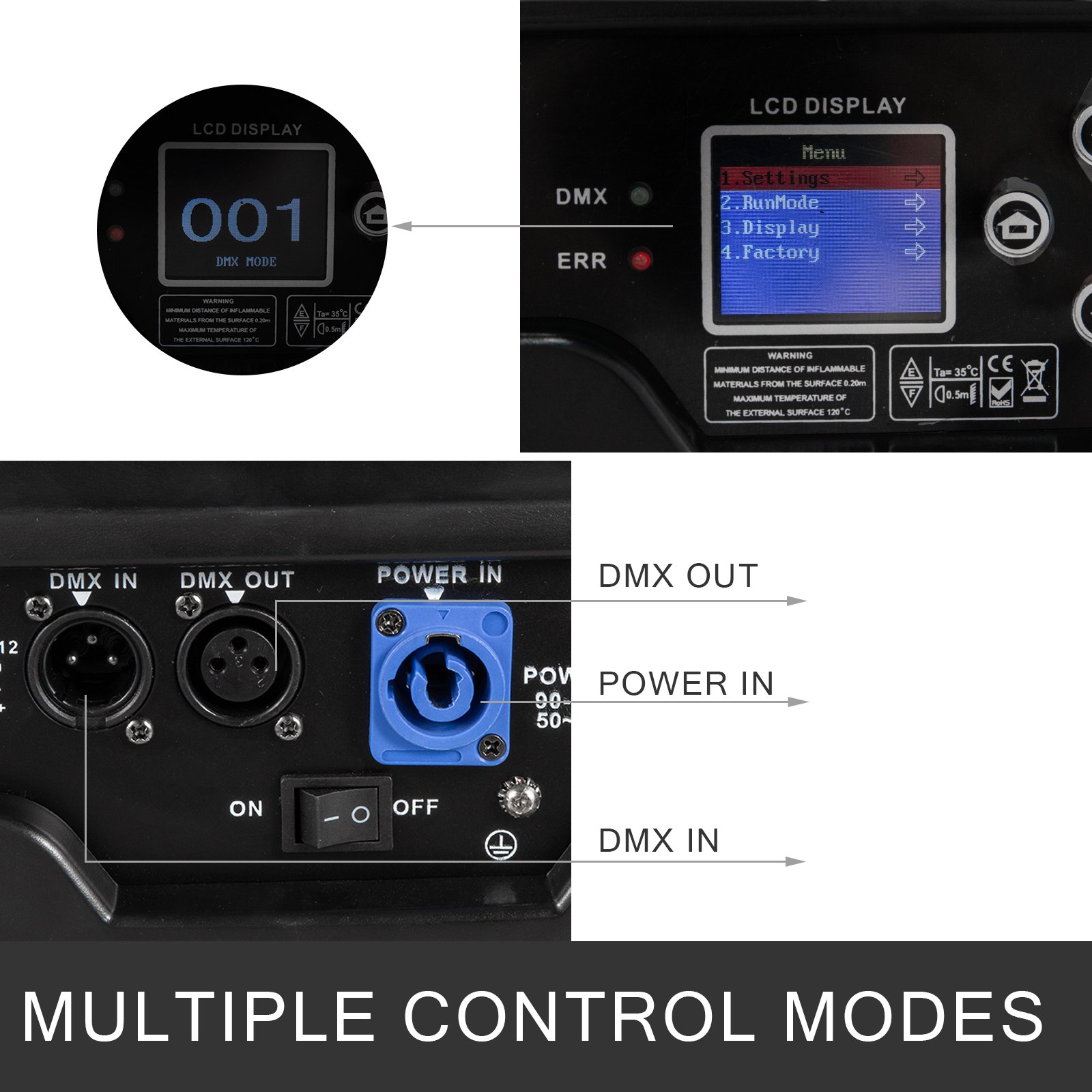 Pantalla LCD y panel de control de luz de escenario LED VEVOR con puertos de entrada y salida DMX.