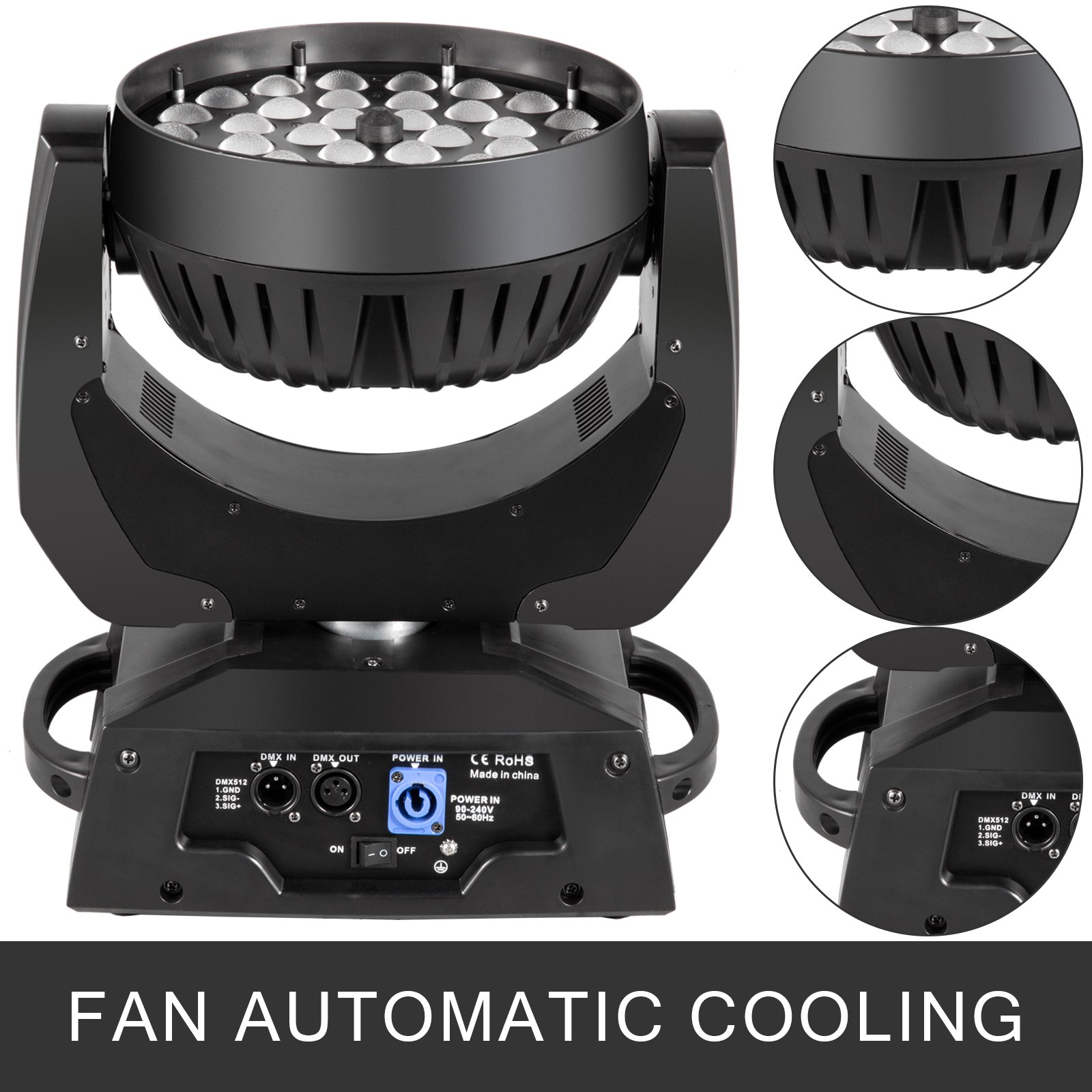 Luz de escenario LED VEVOR negra con ventilador de enfriamiento automático y panel de control trasero.