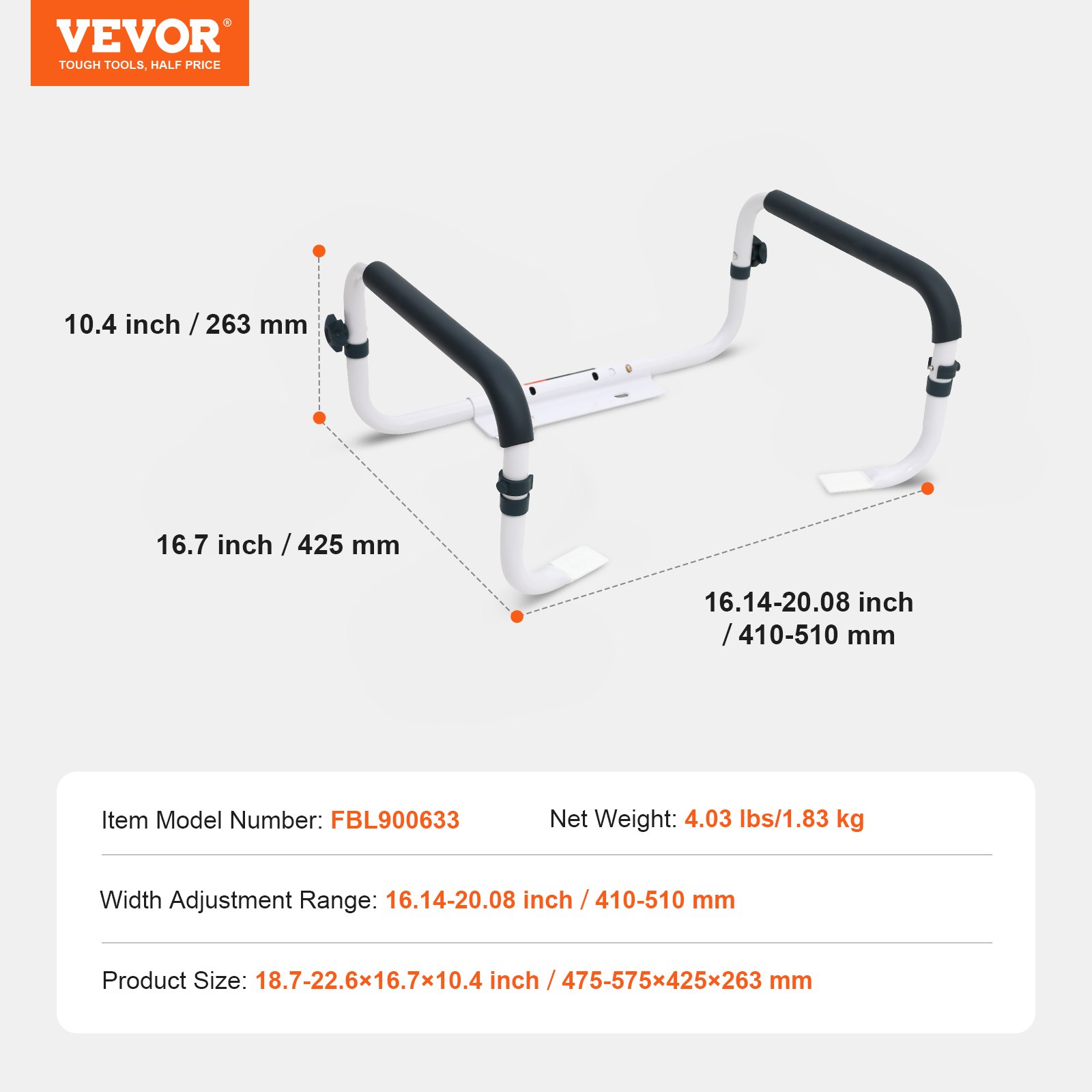 Barra de seguridad para inodoro VEVOR con ancho ajustable y agarraderas ergonómicas, dimensiones y detalles de peso mostrados.