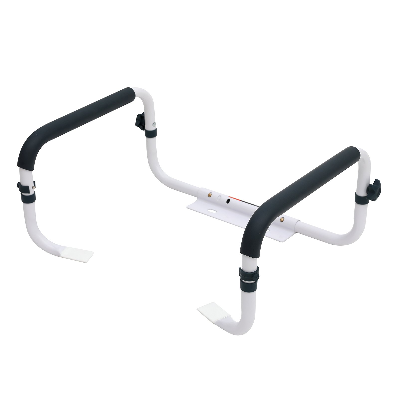 Barra de seguridad para inodoro VEVOR de color blanco con asas acolchadas negras y soporte de montaje ajustable.