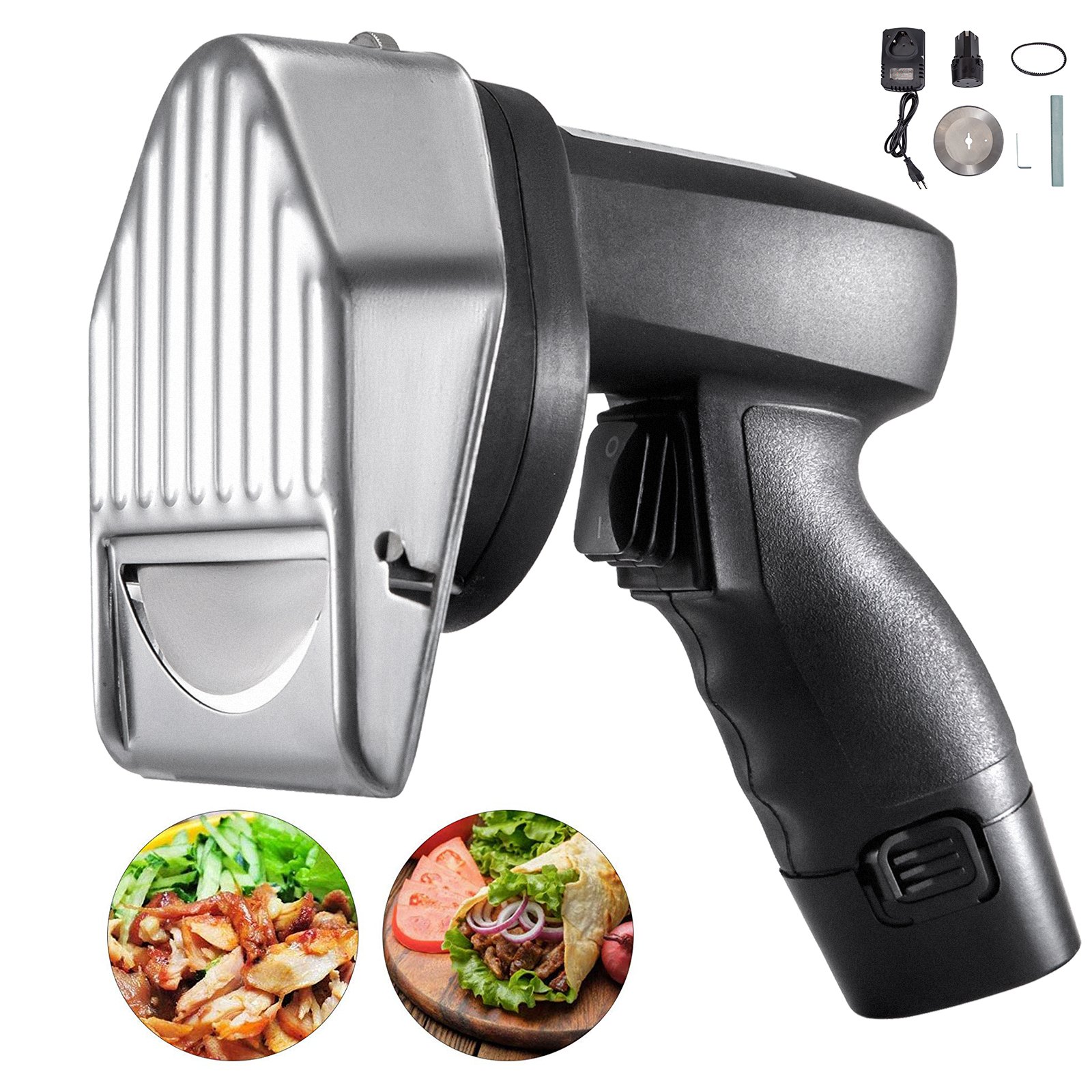 Cuchillo shawarma inalámbrico VEVOR con accesorios e imágenes de comida.